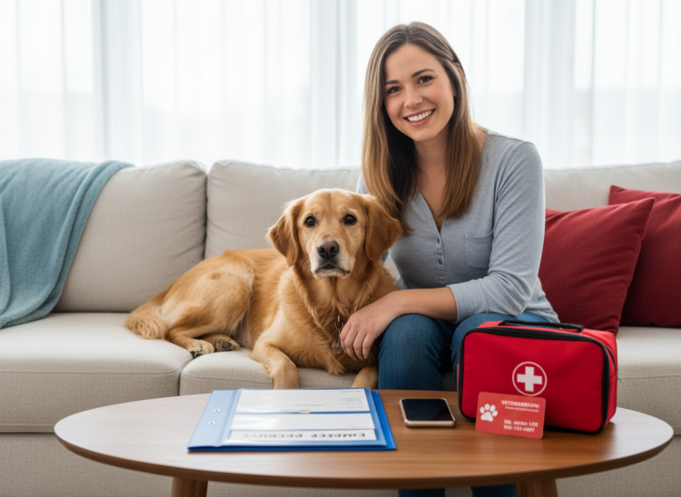 Pet sitter with emergency information and a pet first-aid kit
