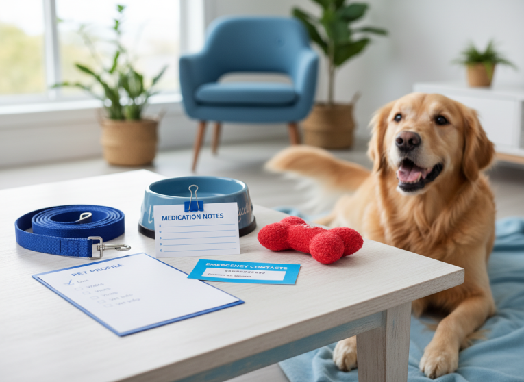 Pet sitting essentials and checklist arranged beside a dog
