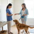 Pet owner and pet sitter meeting a dog before a pet-sitting arrangement