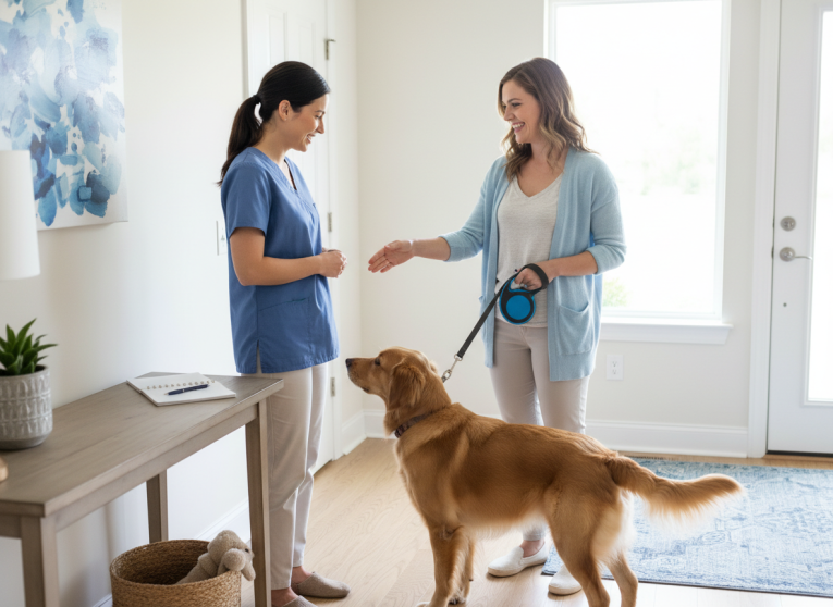 Pet owner and pet sitter meeting a dog before a pet-sitting arrangement