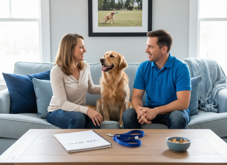 First-time pet owner meeting a pet sitter with their dog