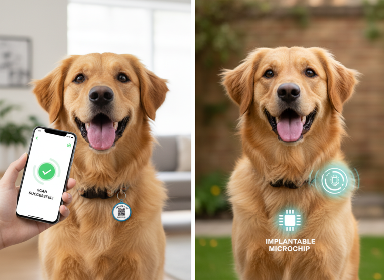 Dog with smart pet tag in a comparison with microchip identification