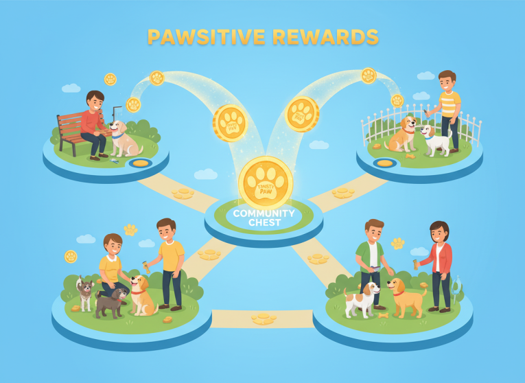 Pet care community concept with paw-shaped TreatCoin rewards