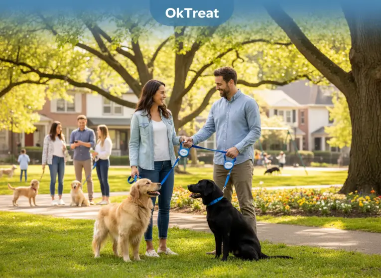 Two pet owners exchanging dog care in a sunny park