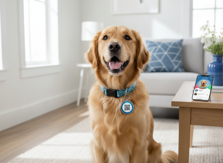 Dog wearing a QR smart pet tag beside a smartphone