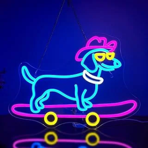 Skateboard Dog Neon Sign Cute Glasses Dog LED Neon Light Dimmable Animal Light Up&hellip;